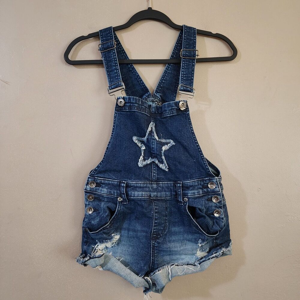 Blackheart Womens Girls Denim Bib Overall Shorts Size 0 Juniors Blue Cut Off
